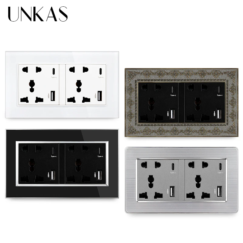 

UNKAS Type-C USB Port Socket 3100mA Quick Charge Glass Plastic Aluminum Stainless Steel Panel Universal 5 Hole 146MM*86MM Outlet