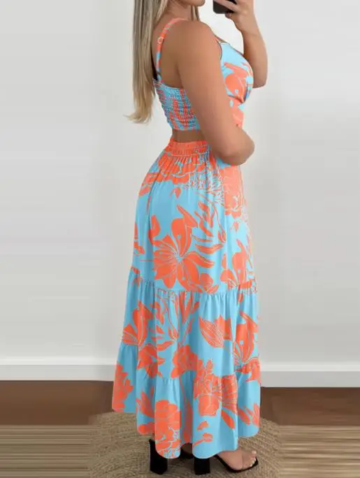 Abiti da donna Stampa floreale Collo quadrato Cinghie regolabili Abito lungo arricciato sul retro Abito da vacanza casual con orlo arricciato in vita