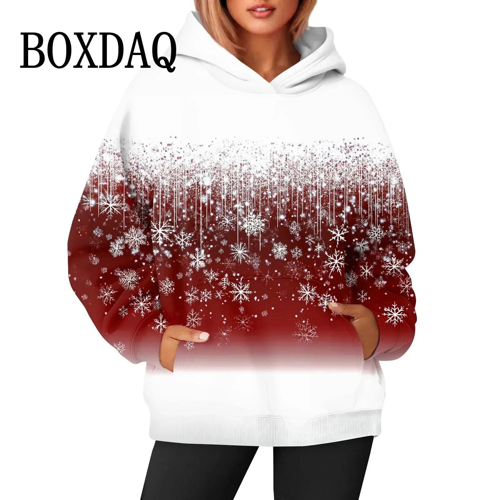 2024 Autumn Casual Women Long Sleeve Hoodies Red Chirstams Sweatshirts Snowman Print Hooded New Winter Pockets Pullovers Tops