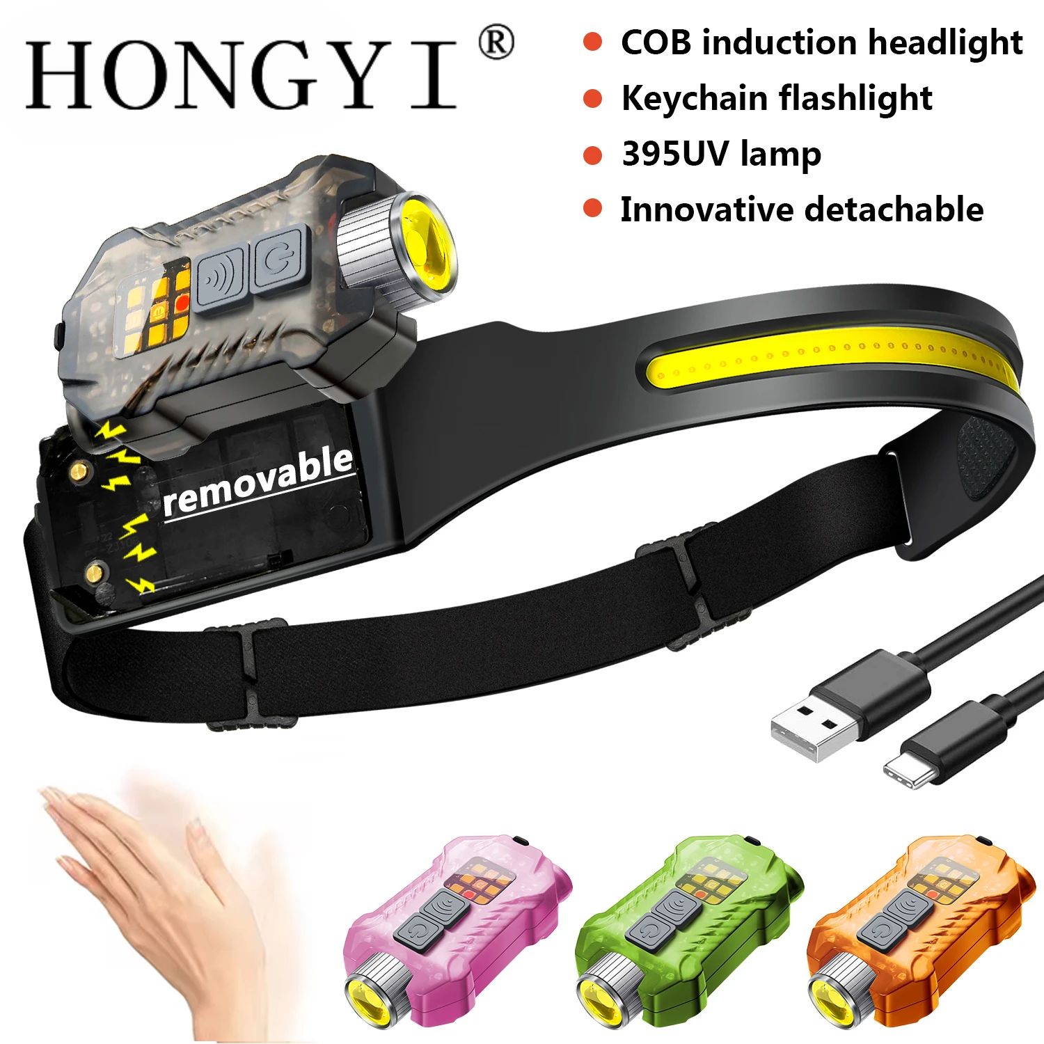 Induction Headlamp USB Rechargeable EDC Detachable Torch XW005 LED Work Light with Tail Magnet UV Lamp Fishing Camping Lantern