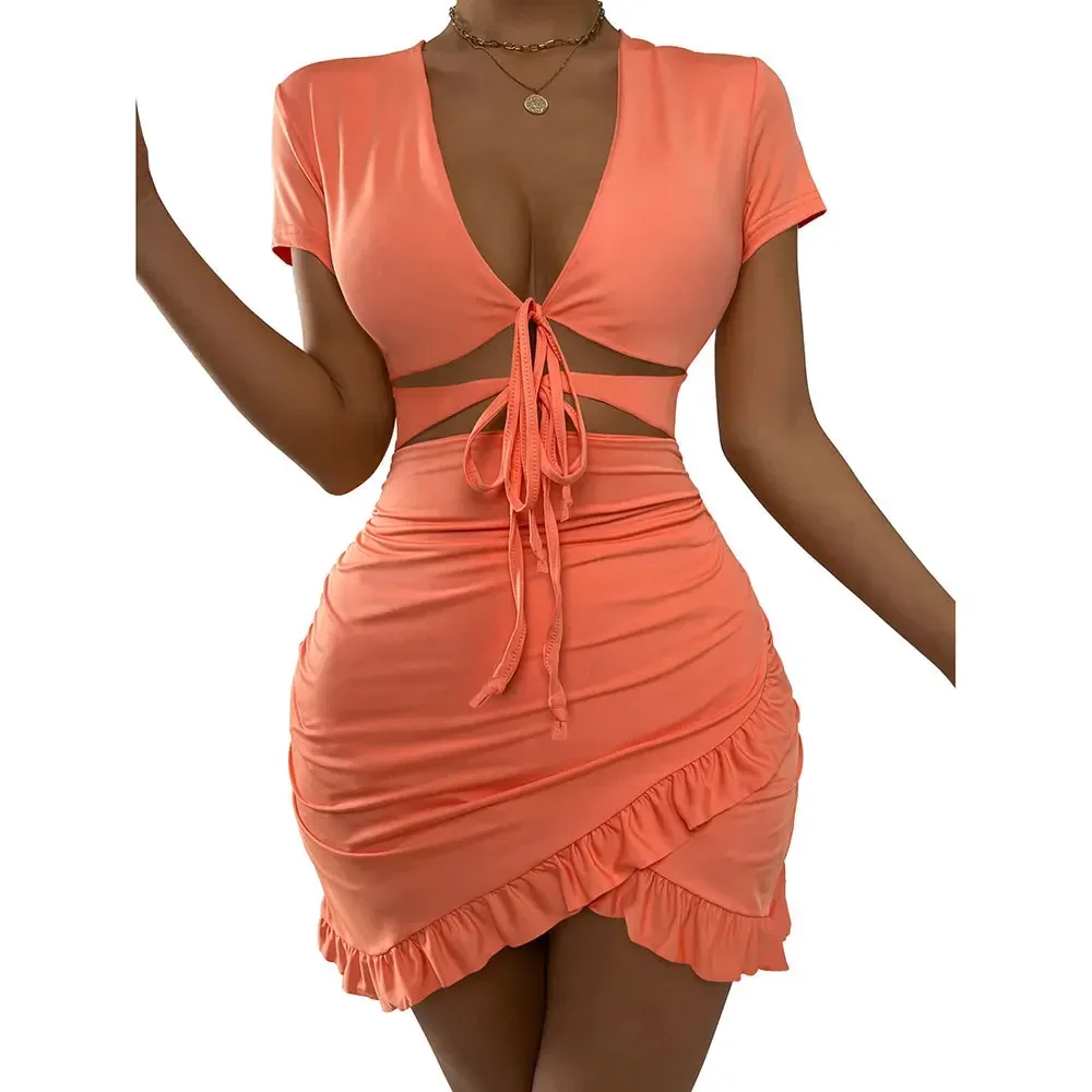 Bodycon Summer Dress Party Club Bridesmaid Short Sleeve Party Bandages Show Hilum Tie Open Front Crop Women Hollow Out Dresses