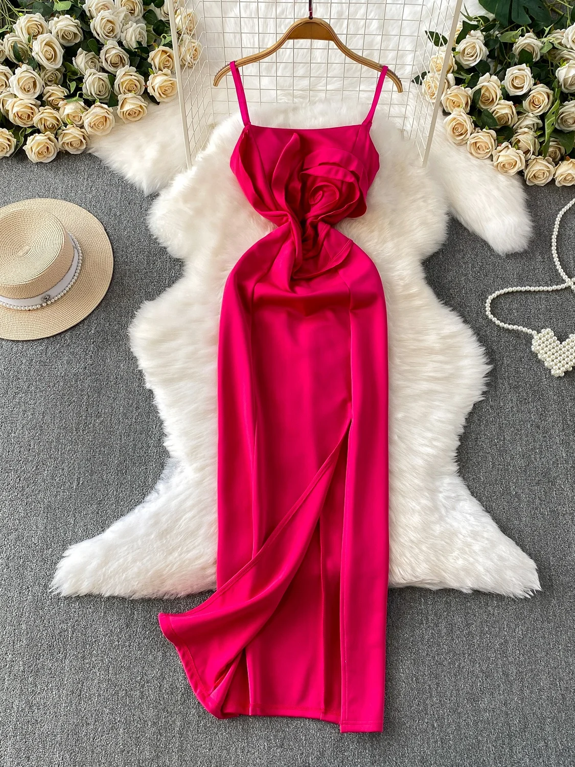 Ele Satén Split Dr Verano Par Vestido Mujer Cintura Alta Una Línea Midi Dr Floral Embelezado Vestido de Noche con Tirantes