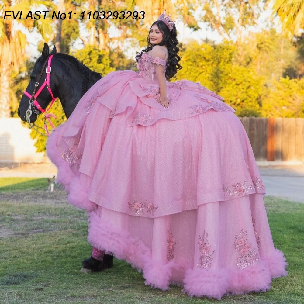 

EVLAST Элегантное розовое платье Quinceanera по индивидуальному заказу, бальное платье с цветочной аппликацией и бисером, многоуровневое сладкое платье 16, Vestidos De 15 Anos E1QN499