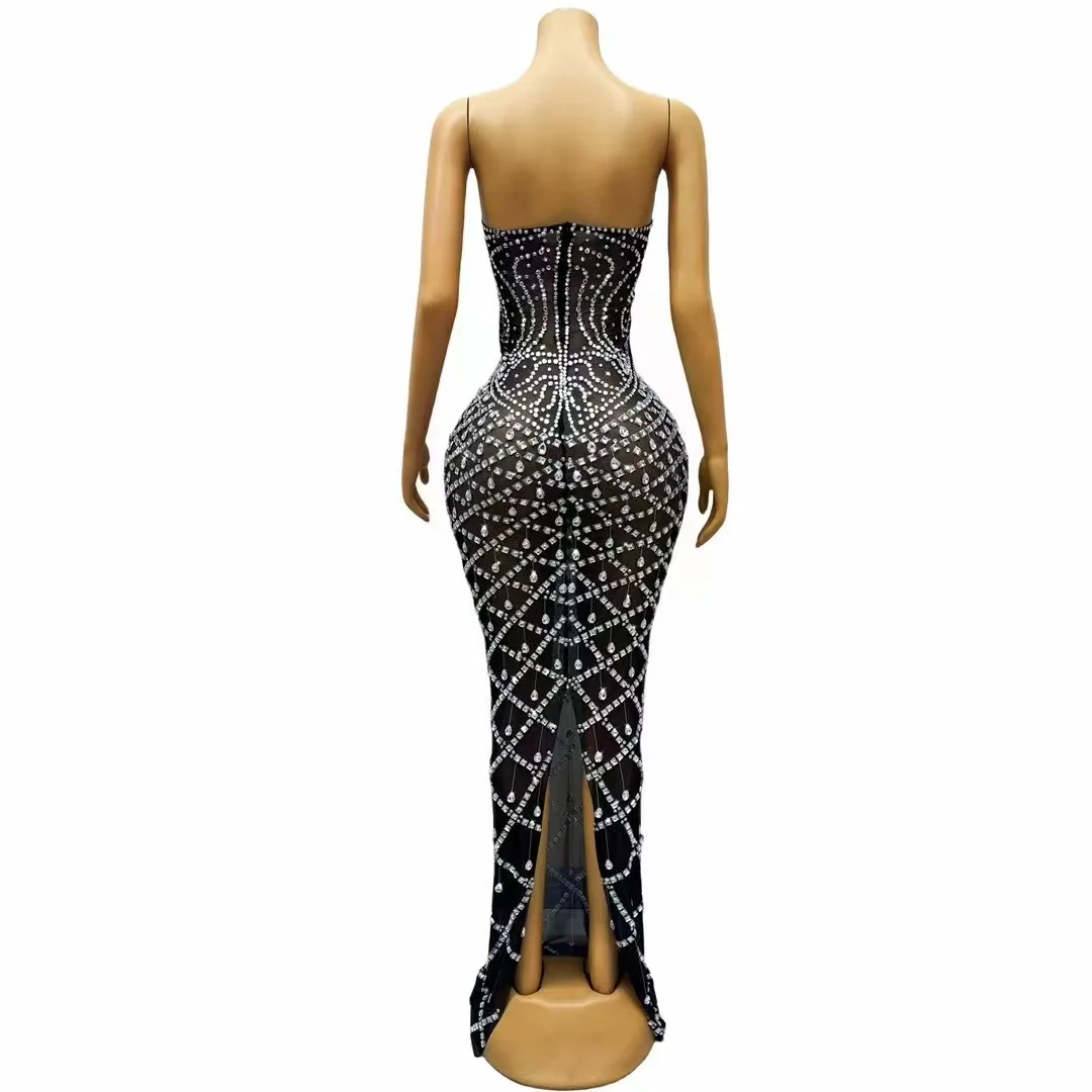 Sexy Silver Rhinestones Black Tube Crystals Floor-length Festival Dress Birthday Celebrate Luxury Outfit Prom Photoshoot Gowns