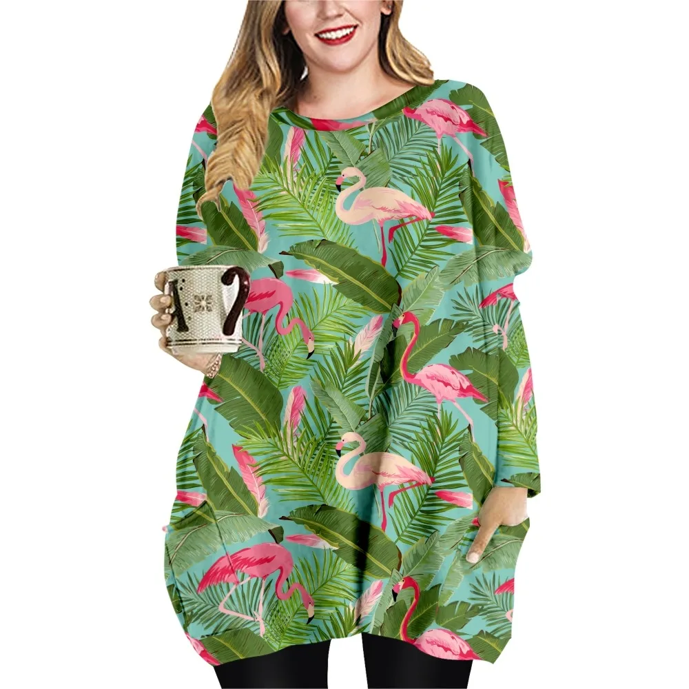 Vestido holgado informal con estampado de flamenco para mujer, camiseta con doble bolsillo, cuello redondo, manga larga, para playa, primavera y otoño, 2022