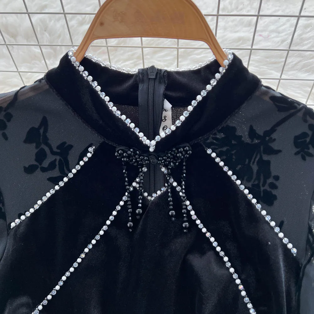 シックなヴィンテージベロアメッシュ長袖ドレスエレガントな妖精韓国ファッション秋パーティー女性服