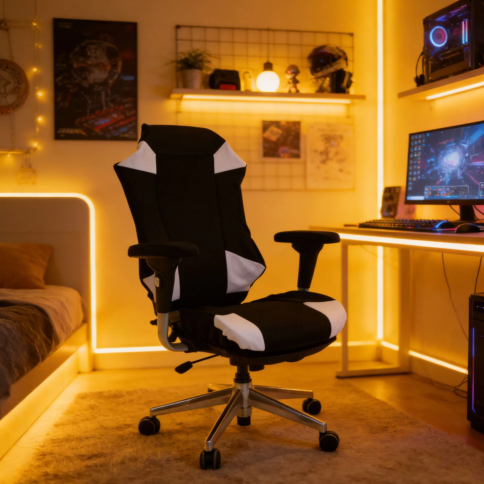 

1Set Gaming Chair Cover Black White Stretchable Mesh Cloth Seat Backrest Armrest Slipcover Breathable Scratch Resistant Washable