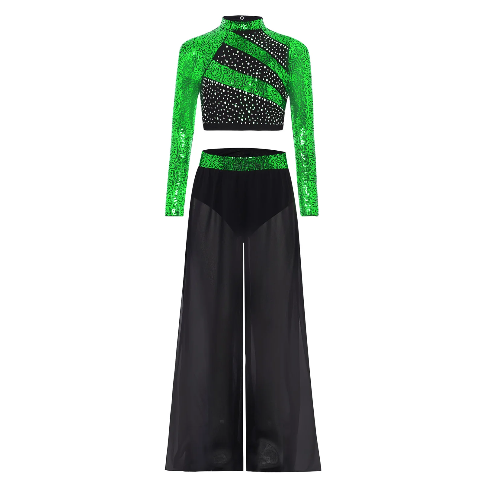 

Kids Girls Latin Dance Costume Mock Neck Long-Sleeved Sequins Cutout Back Press Button Crop Top with Pants Jazz Latin Dancewear