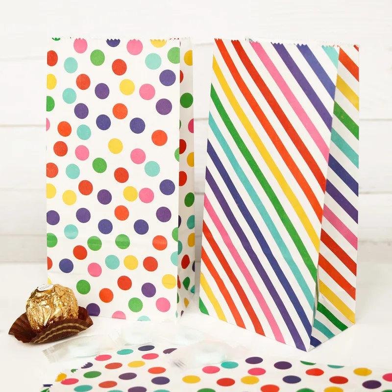 20pcs/set Colorful Rainbow Paper Bags Twill Rainbow Polka Dot Gift Cookies Biscuits Packaging Bags for Christmas Birthday Party