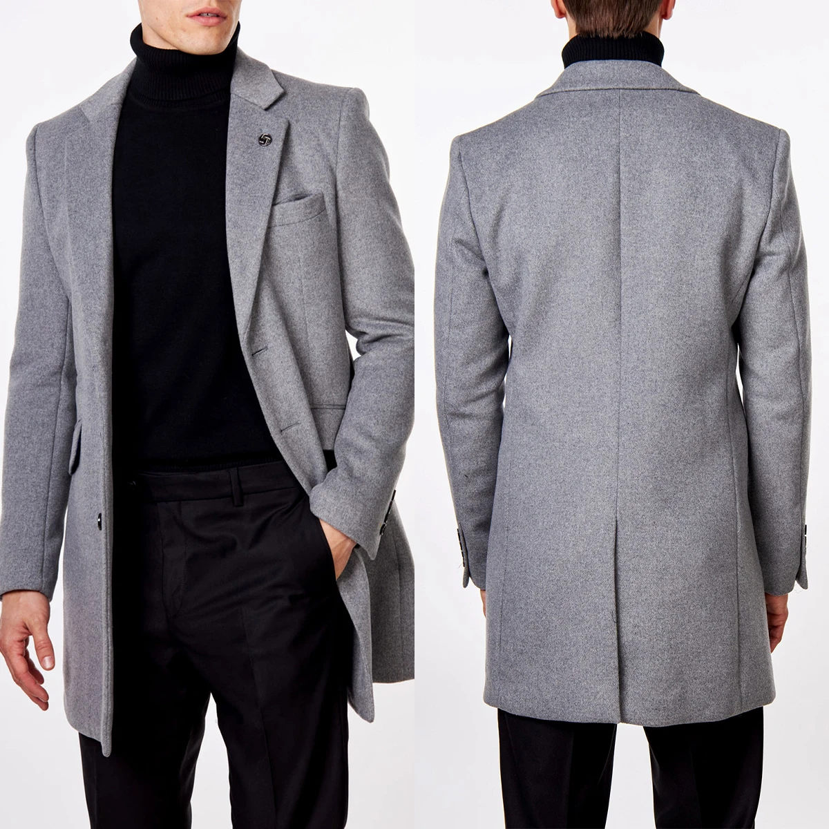 Classic Light Grey Men's Woolen Coat Plus Size Formal Casual Outwear Overcoat Notch Lapel Customized Winter Tweed Jacket