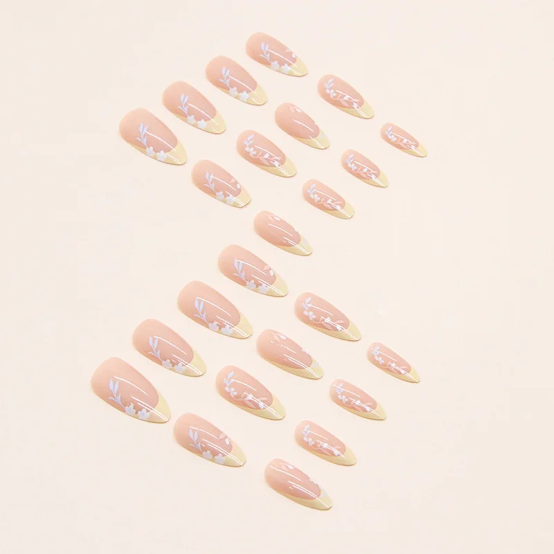 24pcs Simple Leaf Yellow French Tip Press on Nails Almonds Cheap Reusable False Nails Girls Adhesive Fake Nails with Glue Cheap