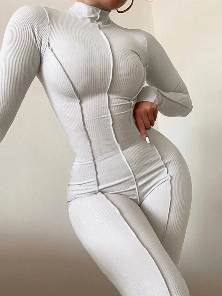 

Fall Bright Line Decoration Black Jumpsuit Women One Piece Sexy Club Outfit For Women Long Sleeve White Bodycon Jumpsuit