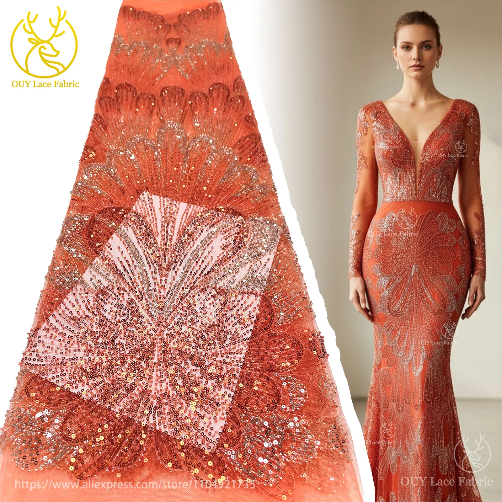 

2025 модное свадебное платье, шитье оранжевого цвета, французский тюль с блестками, кружевная ткань высокого качества, африканская нигерийская кружевная ткань с бисером