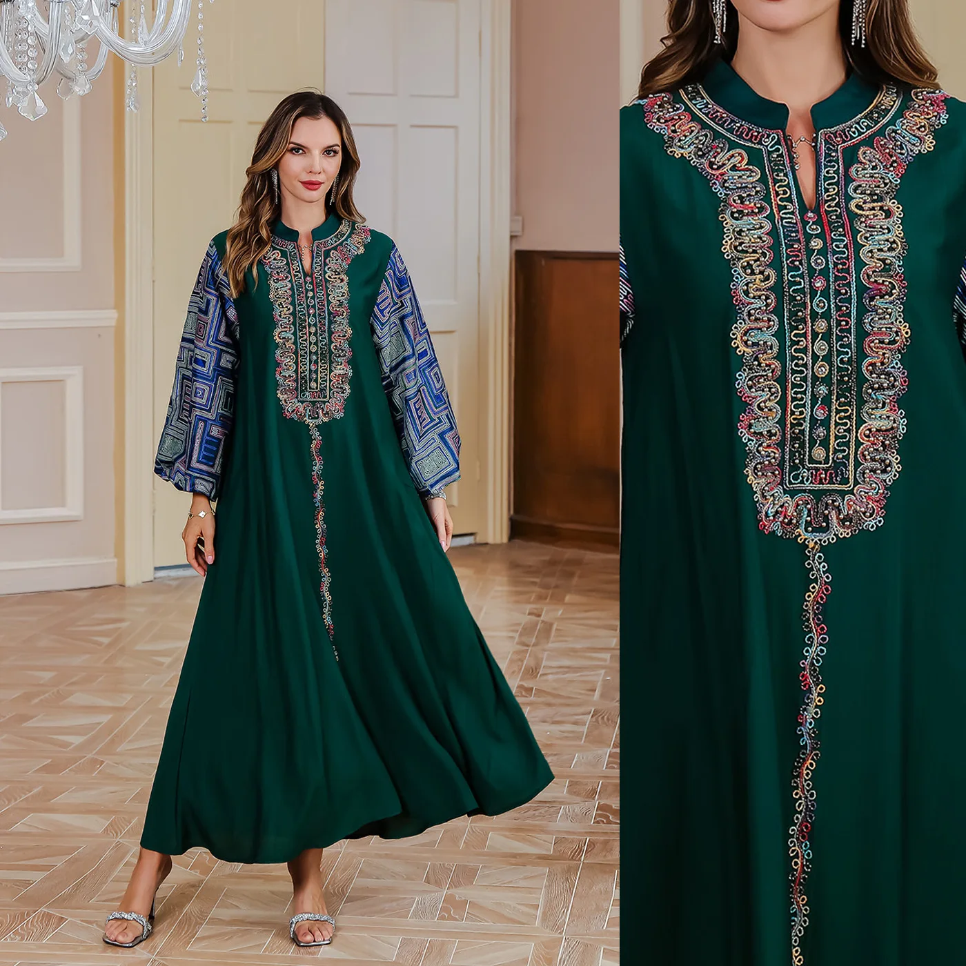 Morocco Embroidery Beads Abayas Women Muslim Maxi Dress Turkey Kaftan Dubai Holiday Islam Clothing Eid Ramadan Musulmane Vestido