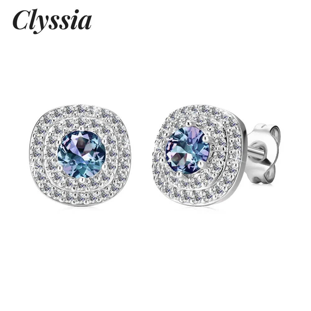 

CLYSSIA 925 Sterling Silver Color Change Alexandrite Gemstone Ladies Cluster Cushion Stud Earrings Women Jewelry Jewellery