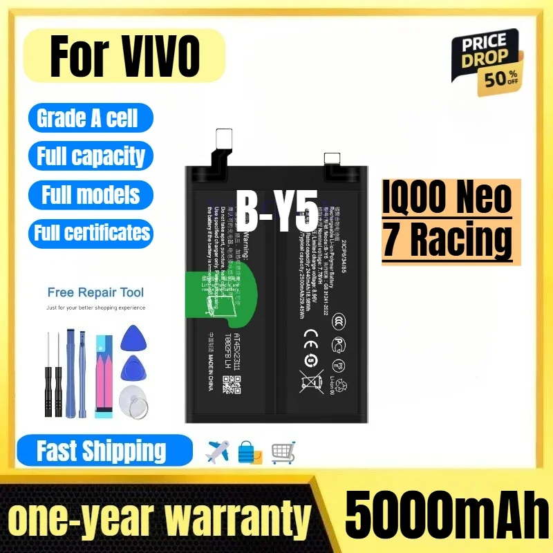 B-Y5 for VIVO IQOO Neo 7 Racing Phone Battery 0 Cycle High Quality High Capacity Replacement Bateria Grade A Cell with Tools