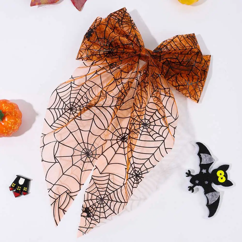 Fashion Halloween Spider Hair Clips Women Satin Large Bow Hairpin Bone Printing Long Tail Headwear Ladies Ponytail Clip Headwear