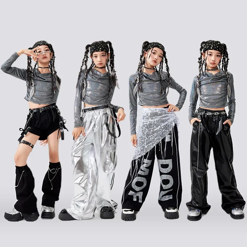 

Kid Hip Hop Clothing Silver White Wrap Lace up Long Sleeve Crop Top Gray Casual Cargo Pants for Girl Jazz Dance Costumes Clothes