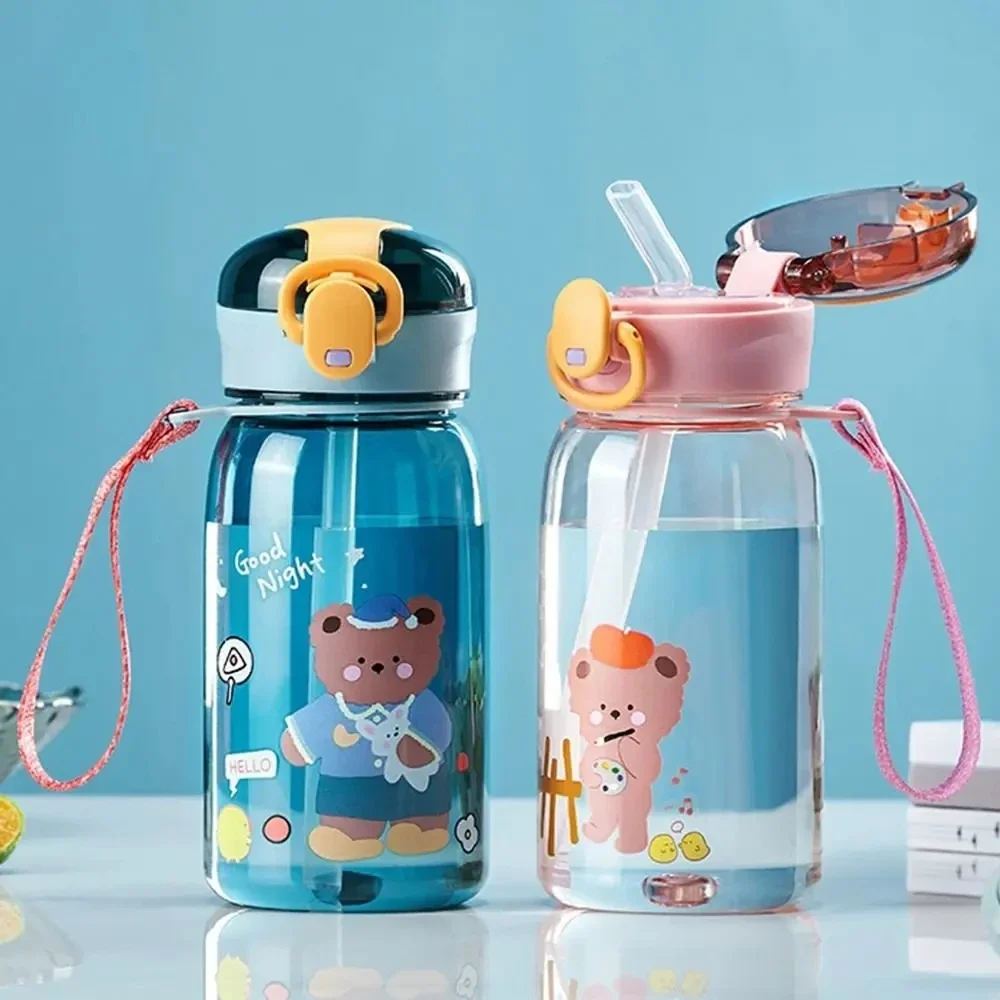 

400ml Children's Cute Not Bear Mug Outdoor sports portable carryrope plastic straw water cup locking cup male and femalestudents