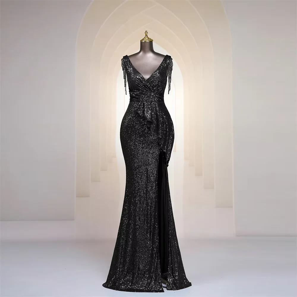 

Customized Black Beads Tassel Mermaid Evening Dresses Shiny Sequins Vestidos De Fiesta Robe De Soiree De Mariage Prom Dresses