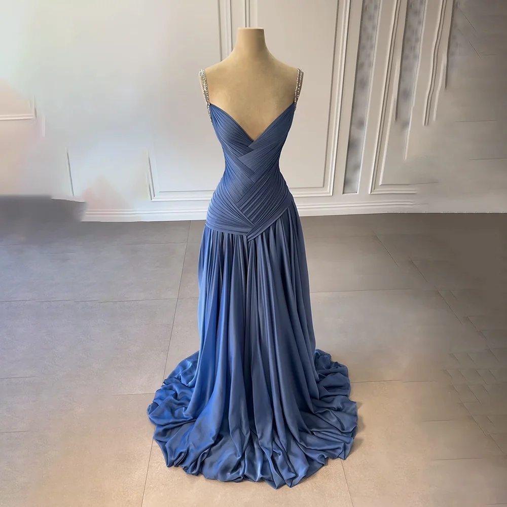 

Luxury Elegant V Neck Spaghetti Strap Party Welcome Guest Prom Dress For Women Sleeveless A Line Floor Length Vestidos De Novia