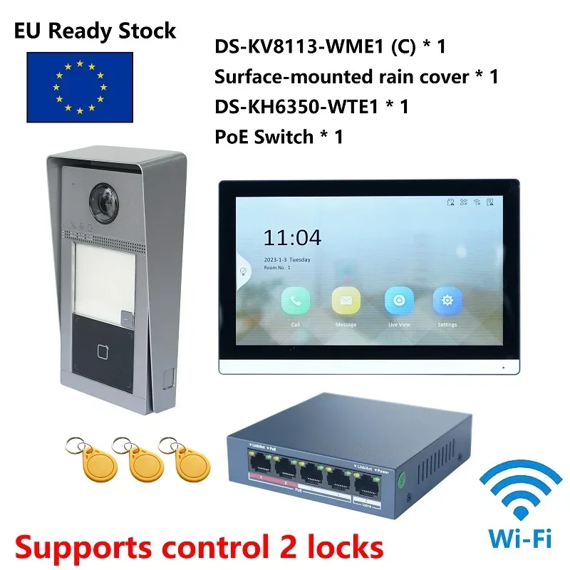 Multi-language 802.3af POE Video intercom KIT,include FOR DS-KV8113-WME1(C) & DS-KH6350-WTE1 & PoE Switch