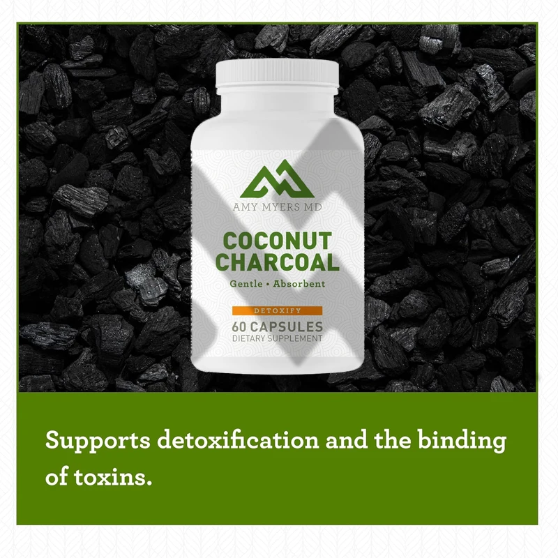 Coconut charcoal supplement capsules promote digestive comfort and overall health with 60 capsules