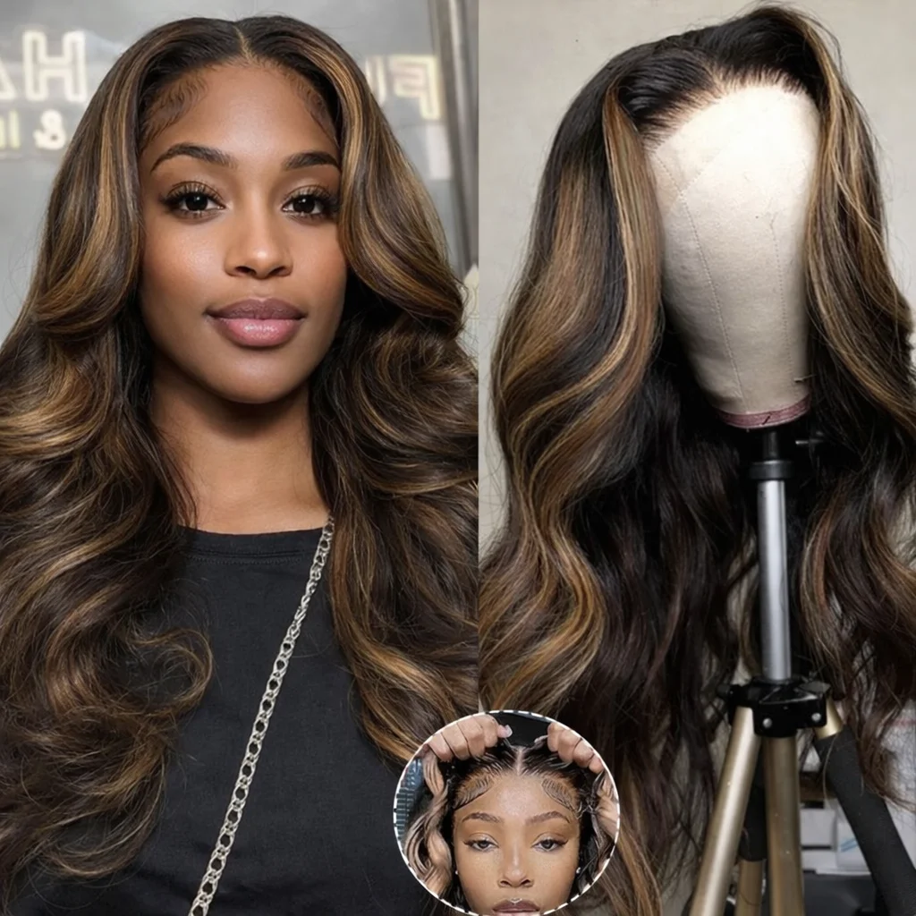 

PB/30 Ombre Highlight HD lace front wig wavy human hair wig 180% density 16-32 inches pre-plucked hairline, transparent lace