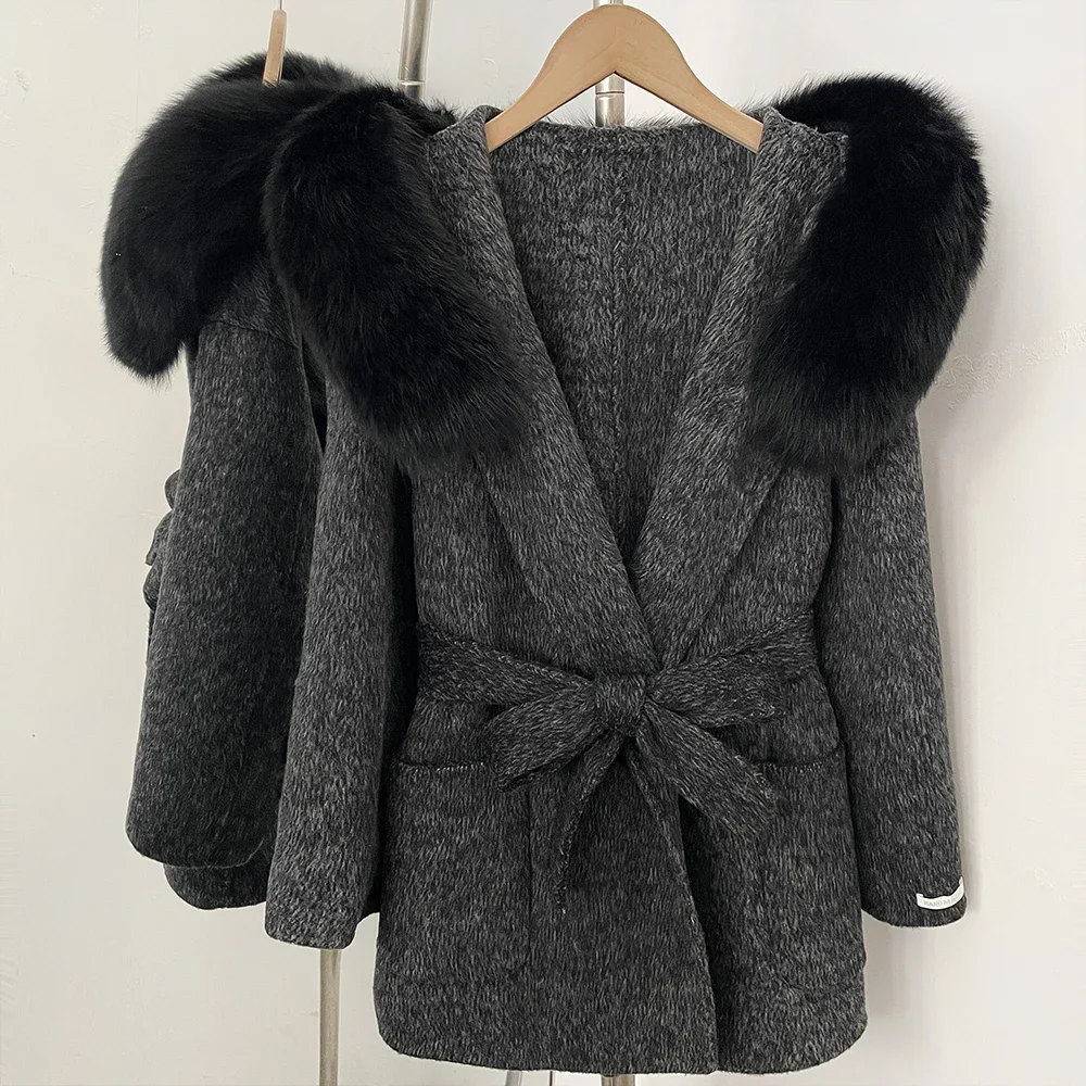 OFTBUY Winter Warme Dicke Wollbekleidung Luxuriöser Taillierter Damen-Wollmantel mit Gürtel und Echtem Pelzkragen Kapuzen-Wollmantel für Damen – Detail 7