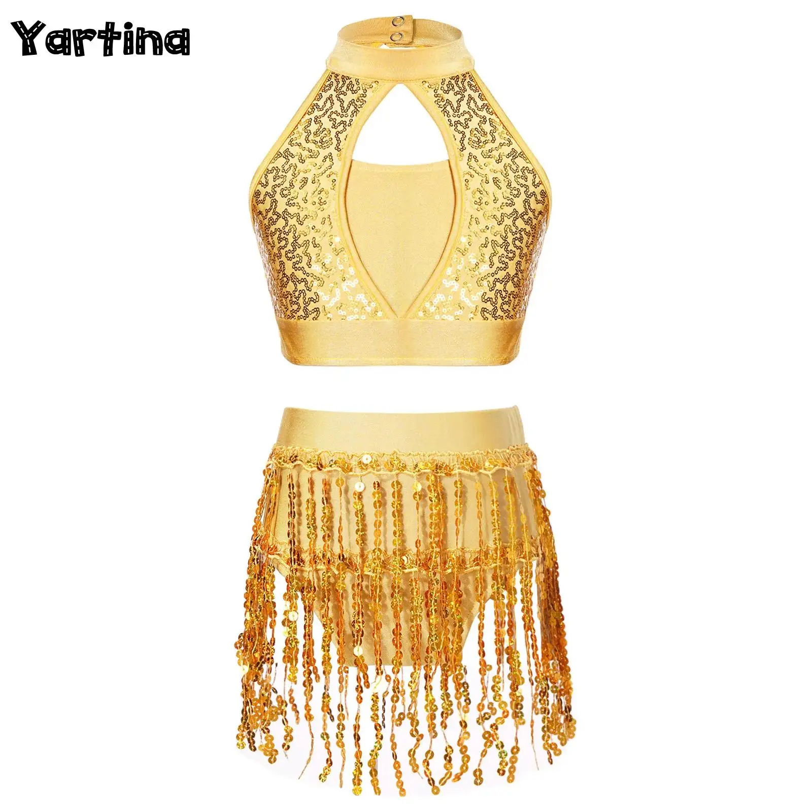 

Kids Girls Sequin Ballet Jazz Latin Samba Dance Outfit Gymnastics Artistic Skating Costume Hollow Halter Crop Top Fringe Shorts