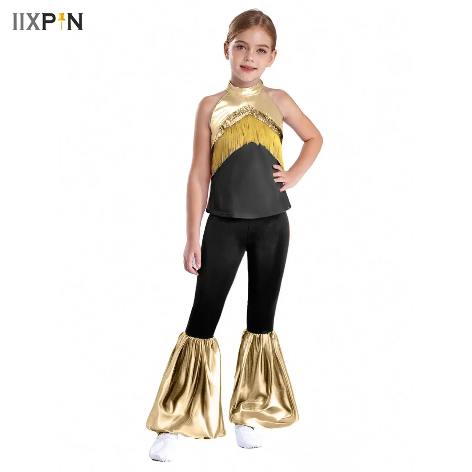 

Kids Girls Color Block Retro Disco Dance Outfits Sleeveless Tassel Sequins Metallic Crop Top Bell-Bottomed Pants Jazz Dancewear
