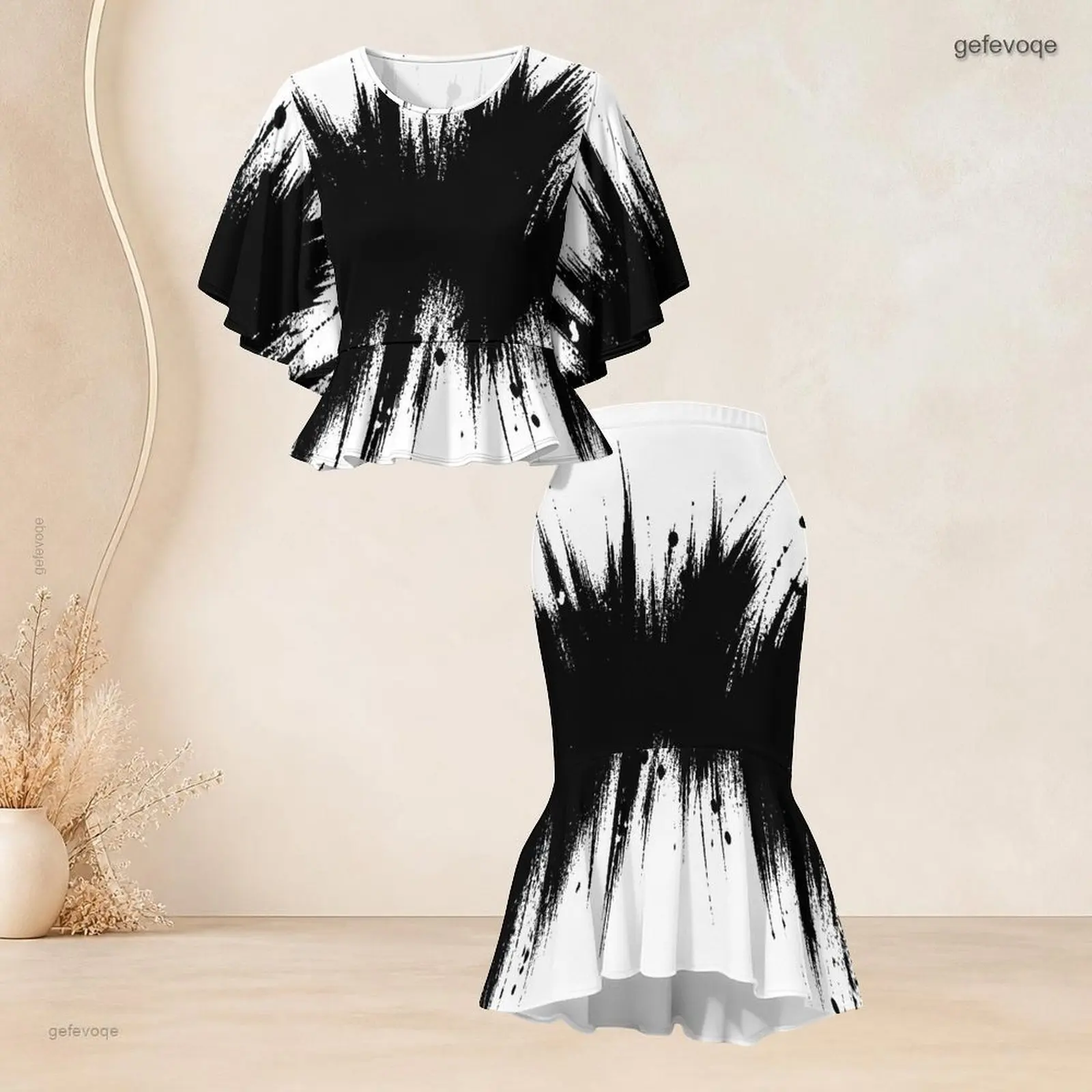 Women Printed Skirt Set Batwing Sleeve Ruffle Hem Top Fishtail Skirt Two Piece