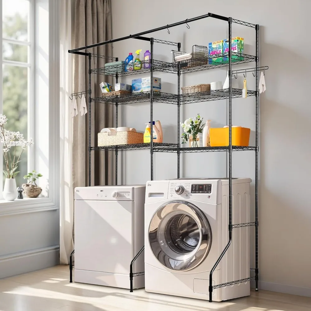 VEVOR Étagère de rangement pour lave-linge et sèche-linge, support de séchage pour buanderie à 6 niveaux avec tige de suspension et crochets, réglable sur lave-linge