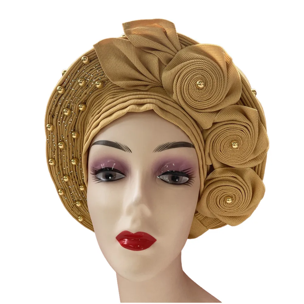 Gold African Sego Gele Headtie Nigerian Headwear With Stone Beads Finished Auto Turban Wide Brim Headwear For Women High Quality