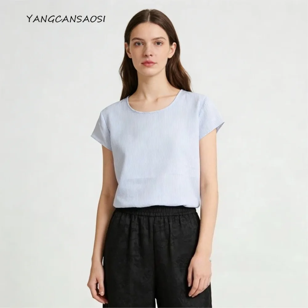 

Simple Style Heavyweight 100% Natural Mulberry Silk Satin Skin Friendly Round Neck Short Sleeved Blue Stripe Casual T-shirt