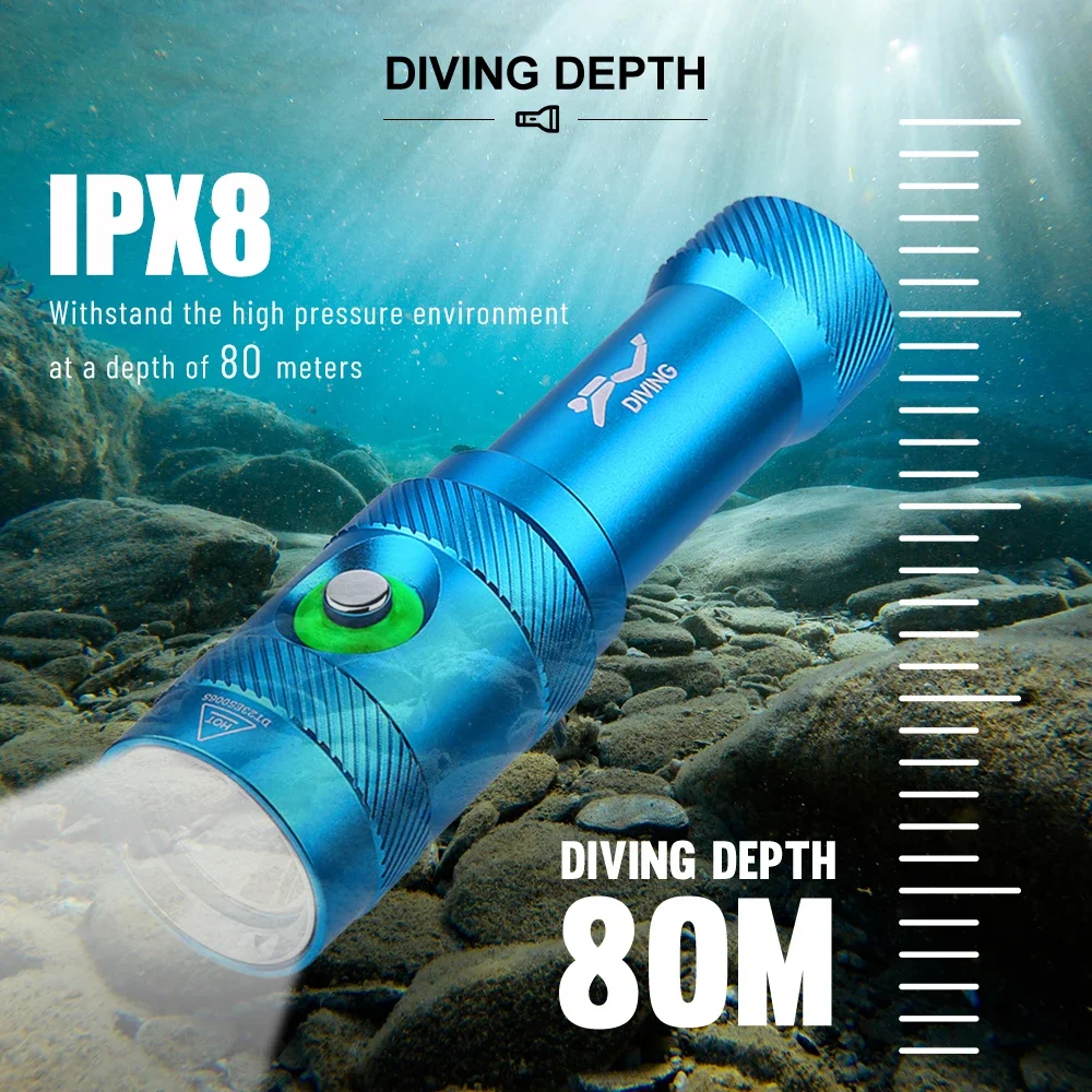 Asafee 80M Underwater 1050LM Diving Flashlight L2 LED Press Switch Lamp IPX8 Waterproof Scuba Lantern 18650 Battery Torch