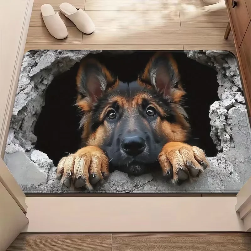 3D Illusion Hole German Shepherd Doormat Cute Puppy Pattern Soft Non-Slip Floor Rug Indoor Outdoor Decor Entrance Carpet