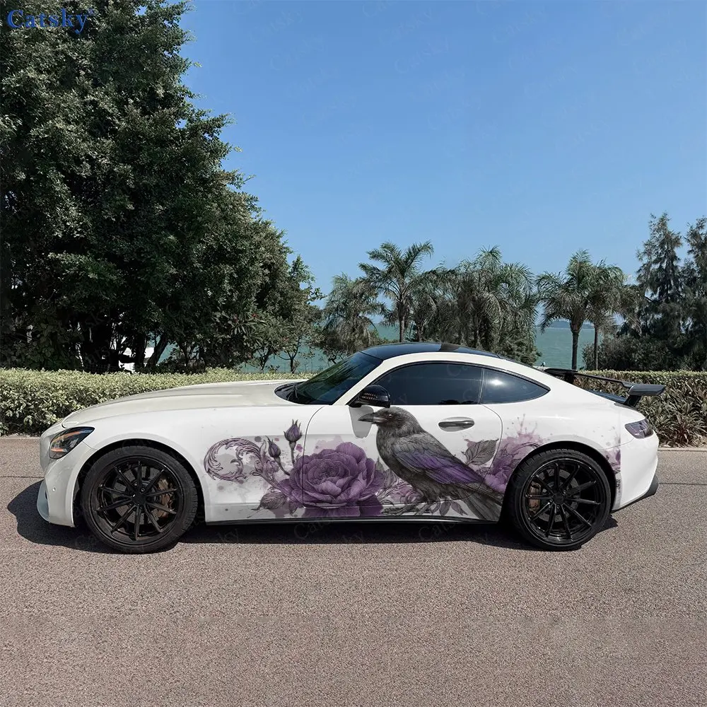 2Pcs Purple Rose With Raven Car Side Wraps, Self-Adhesive PVC Waterproof & Scratch-Resistant Stickers, Car Accessory Gift