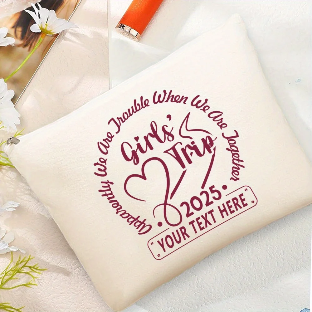 Custom Girls Trip Makeup Bag 2026 Personalized Girls Trip Quote Hearts Design Zipper Closure Printed Cosmetic Pouch for Cruises