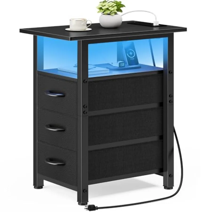 Vagusicc Nightstand with Charging Station and LED Lights, Narrow End Table, LED Nightstand with 3 Fabric Drawers for Bedroom, S