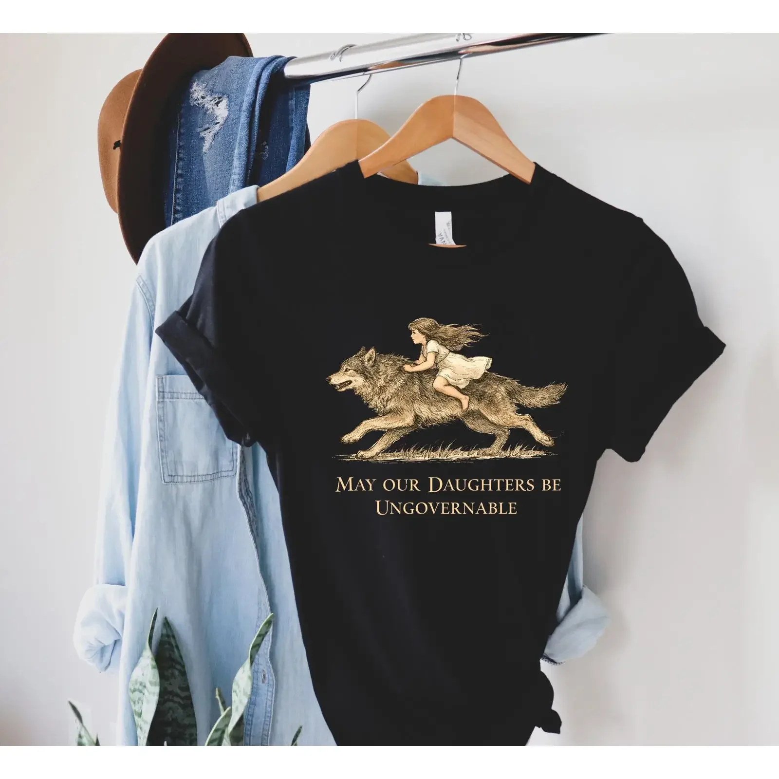 May Our Daughters Be Ungovernable Wolf Riding Girl Feminist Activist Casual T Shirt vintage Washed homme Stylish Stretched