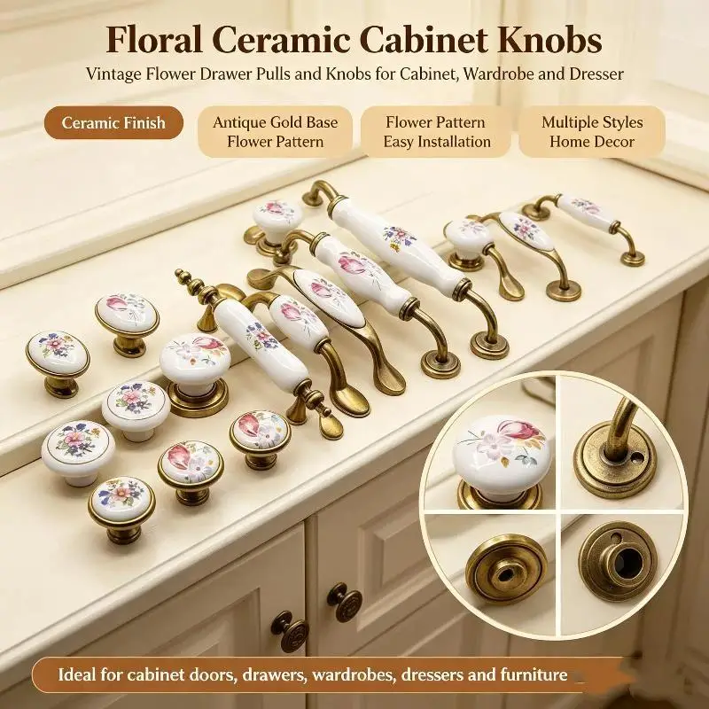 Aesthetic European Floral Ceramic Cabinet Pulls 1 Set Sturdy Drawer Handles for Dresser Closet Kitchen Door Furniture Decor