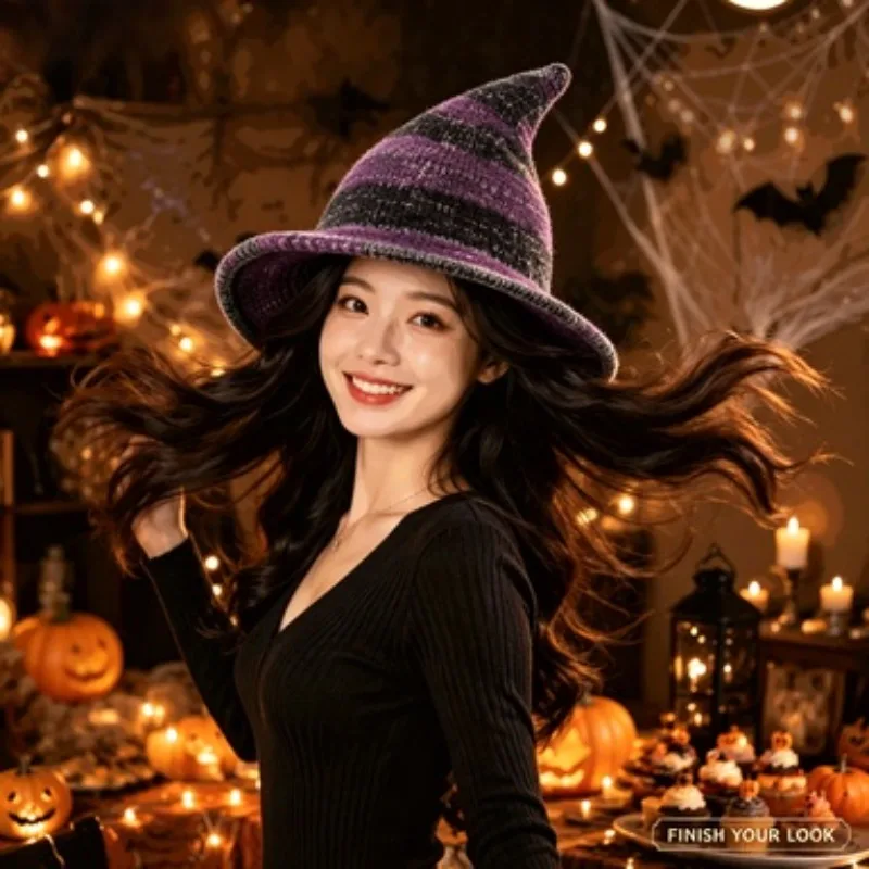 Halloween Witch Hat for Women Wide Brim Pointed Knit Cap Oversized Large Circumference Fit Foldable Collapsible Wizard
