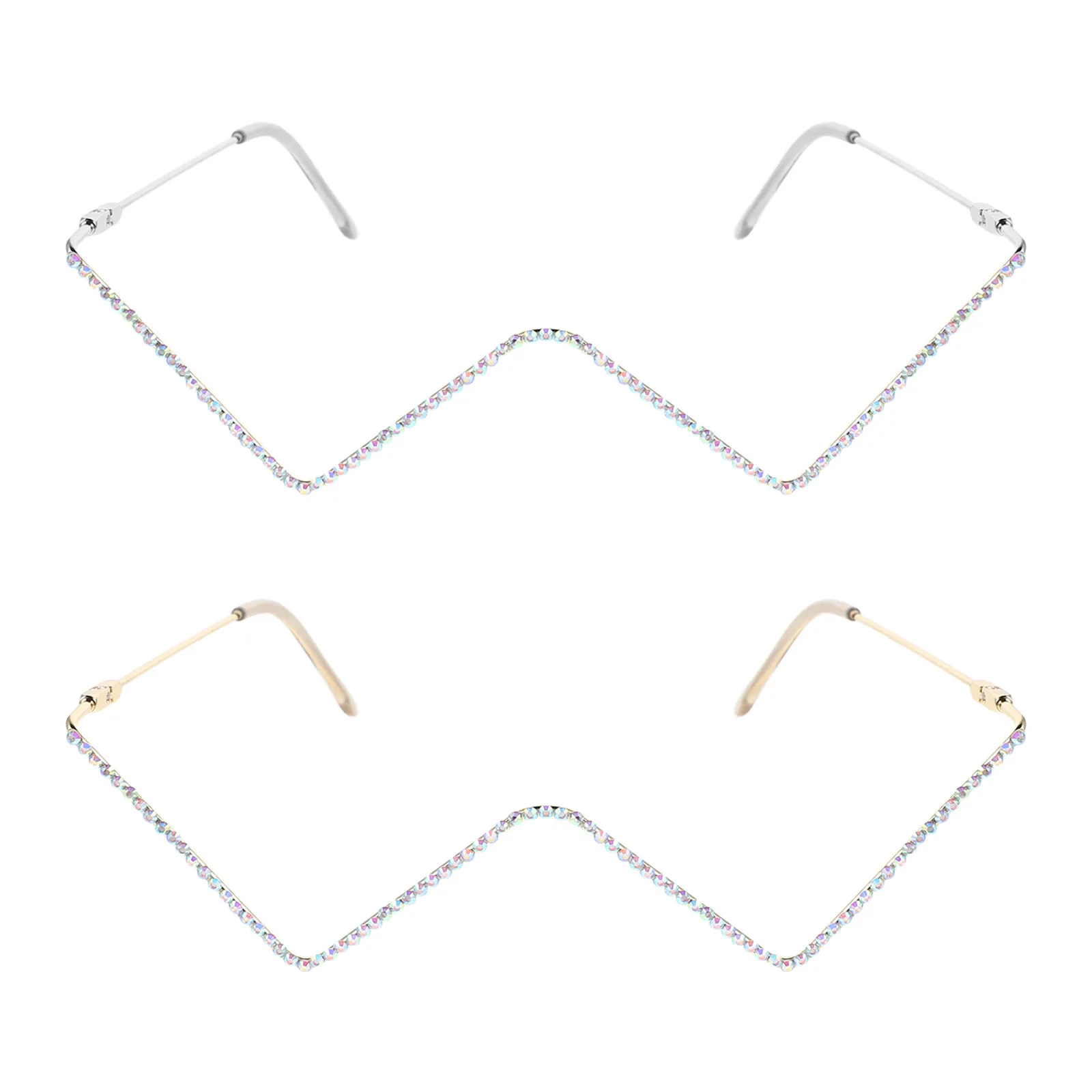 

2 шт. V-образные металлические оправы для очков со стразами, без линз, модные блестящие очки для вечеринок, бизнеса, повседневной носки, хрустальные очки