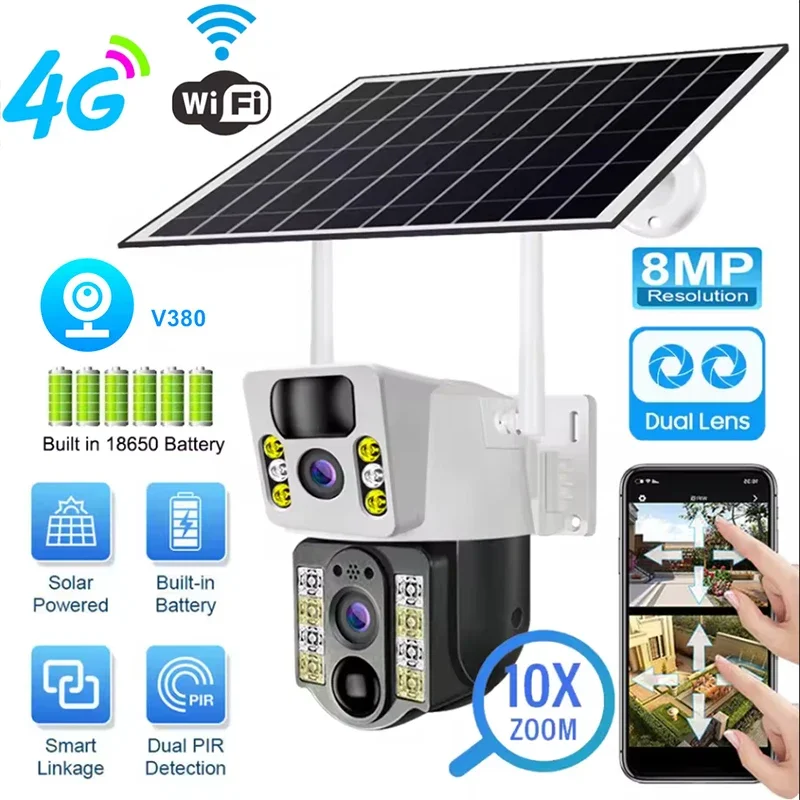 

8PM Solar Camera 4K Dual Lens 4G or Wifi Outdoor Dual Screen PIR Human Detection IP66 CCTV Video Surveillence Motion Alarm Cam
