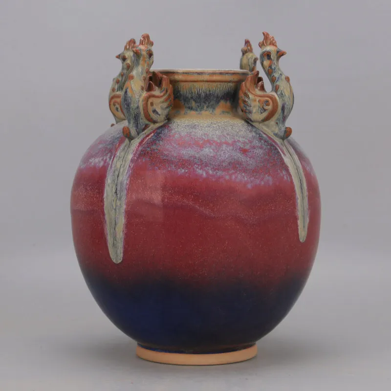 Handmade Jingdezhen Jun Ware Flambe Phoenix Pattern Four Loop Jar Antique Style Porcelain Home Decor