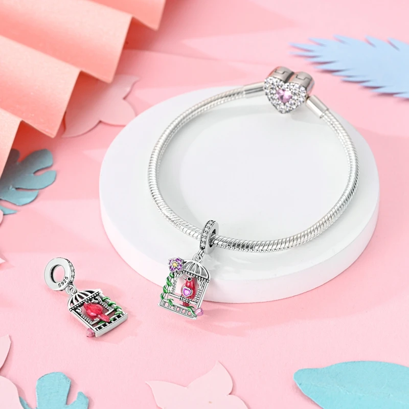 Spring New 925 Sterling Silver Feather Flowers Parrot Bird Charms Beads Fit 3mm 925 Original Bracelets Fine DIY Jewelry Gift