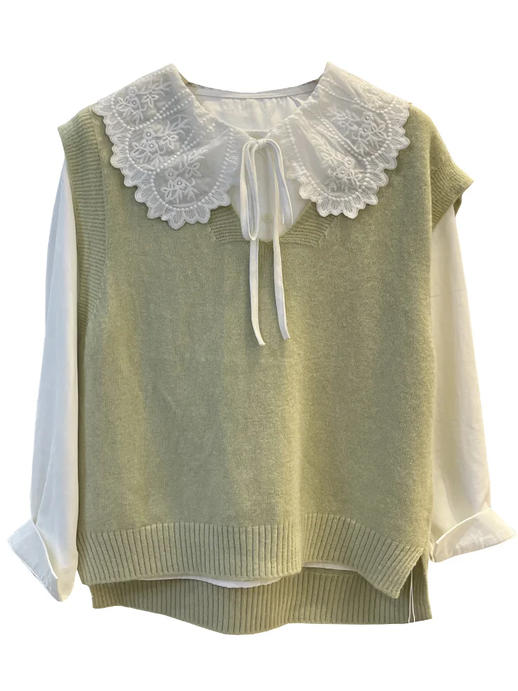 

Faionable Sweet Two-Piece Set V-Ne Knitted Vest Embroidered Lace Babydoll Collar irt Women's Spring Versatile Layered Top