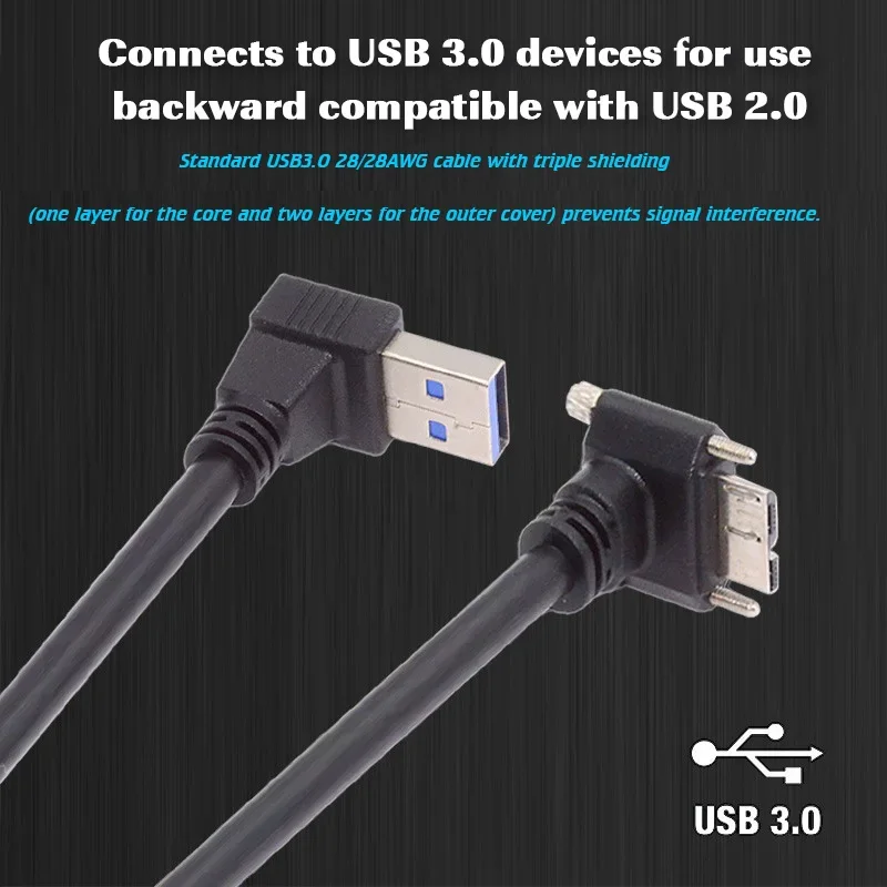 Câble USB 3.0 vers Micro USB 3.0 avec vis, câble de panneau à vis coudé haut et bas, câble de verrouillage coudé haut et bas, résistant à 90, AM MicroB, 0.25m