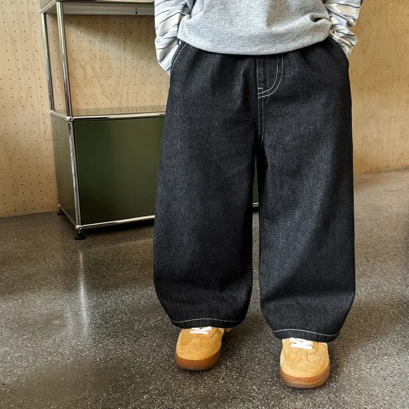 2025 New Winter Kids Pants 3-8T Solid Color Boys Loose Warm Staight Jeans Fleece Thick Baby Loose Denim Pants Children Clothes